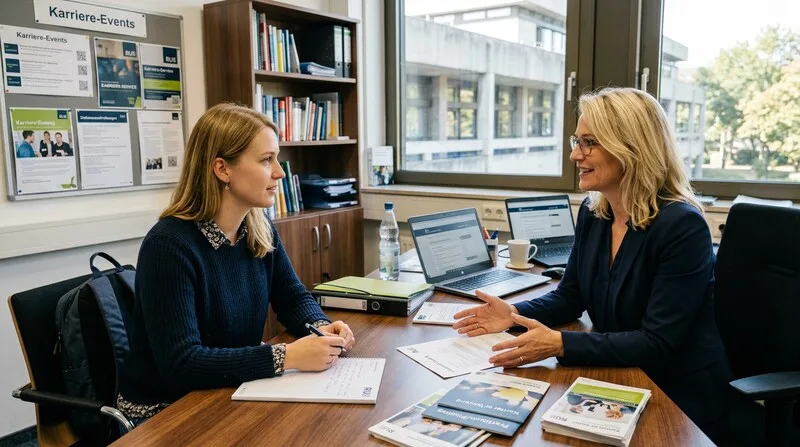 Studentin im Beratungsgespraech — professionelle Unterstuetzung beim Studienabbruch