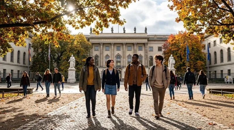 Studierende laufen zum Hauptgebaeude — nach der Immatrikulation gehoert man dazu