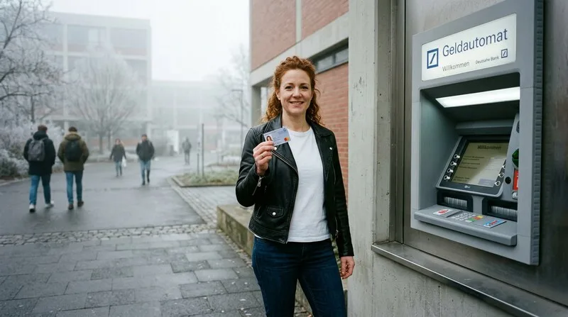 Studentin am Bankautomat auf dem Campus - kostenloses Studentenkonto eroeffnen und nutzen