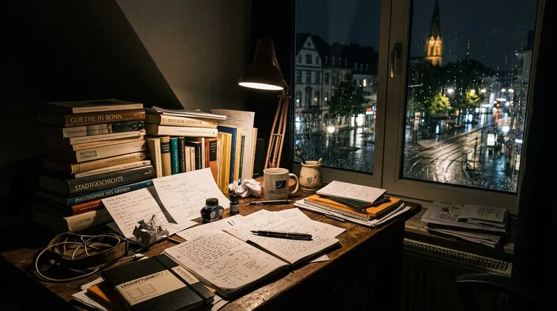 Überfüllter Schreibtisch mit Büchern und Notizen — Prüfungsangst im Studium