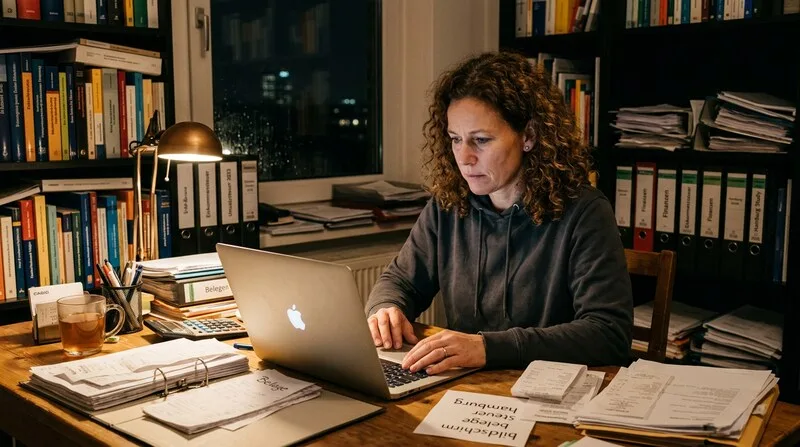 Studentin haelt Krankenversicherungskarte und recherchiert am Laptop - KV im Studium