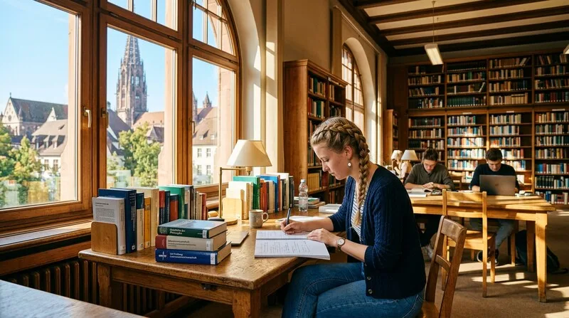 Lesesaal der Universitaet im Nachmittagslicht — konzentriertes Lernen im Masterstudium