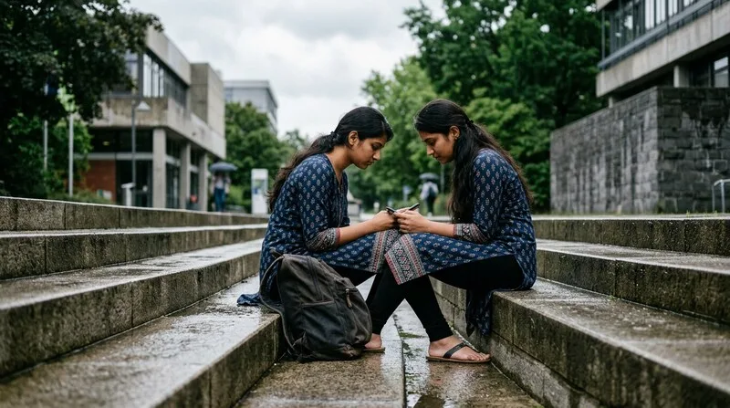 Studentin auf der Steintreppe mit Handy — Krankenversicherung schnell online pruefen und abschliessen