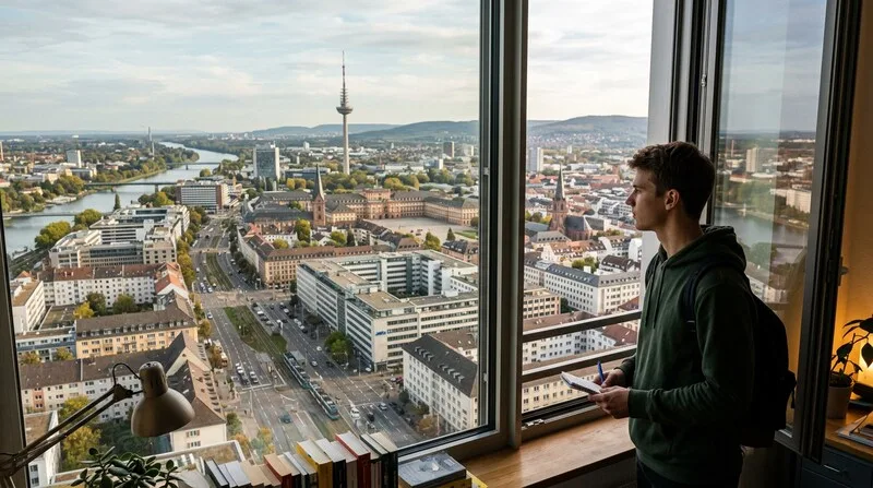 Student blickt aus dem Fenster auf die Stadt — finanzielle Freiheit durch cleveres Studentenkonto