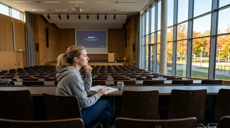 Studentin haelt Studierendenausweis am Uni-Eingang - Immatrikulation erfolgreich abgeschlossen